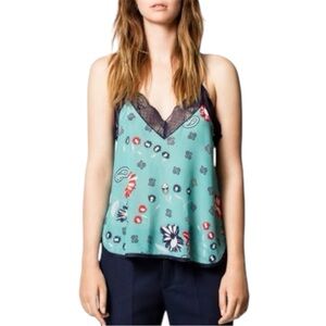 Zadig & Voltaire Christy Daisy Teal Floral Lace Silk Camisole